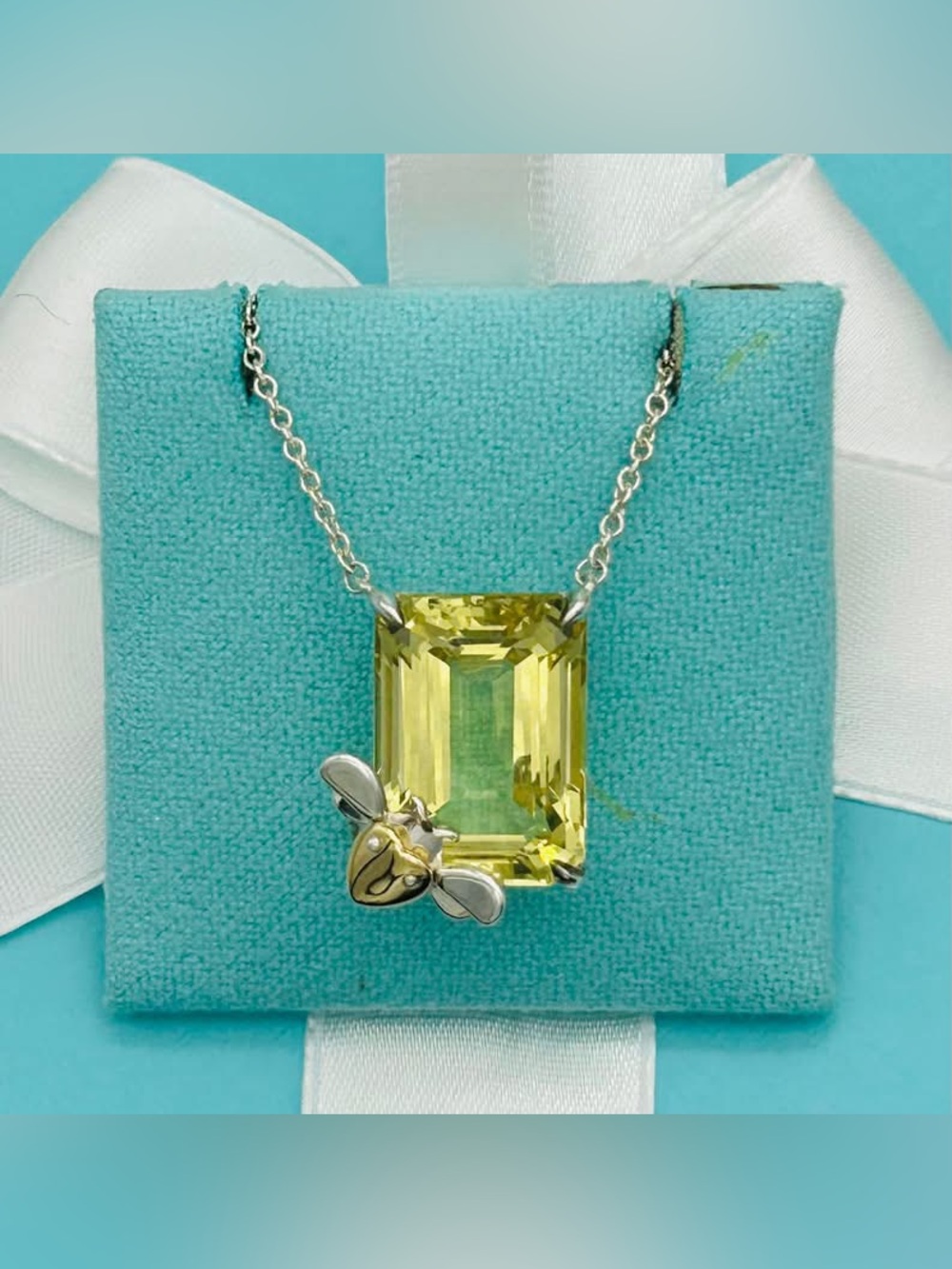 Tiffany & Co SS & YG Lemon Quartz Lovebugs Bee Pendant Necklace 18-20”